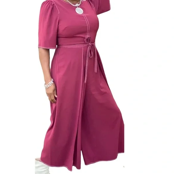 Gibson and Latimer Cranberry Short Sleeved wide leg faux wrap jumper - Picture 1 of 8